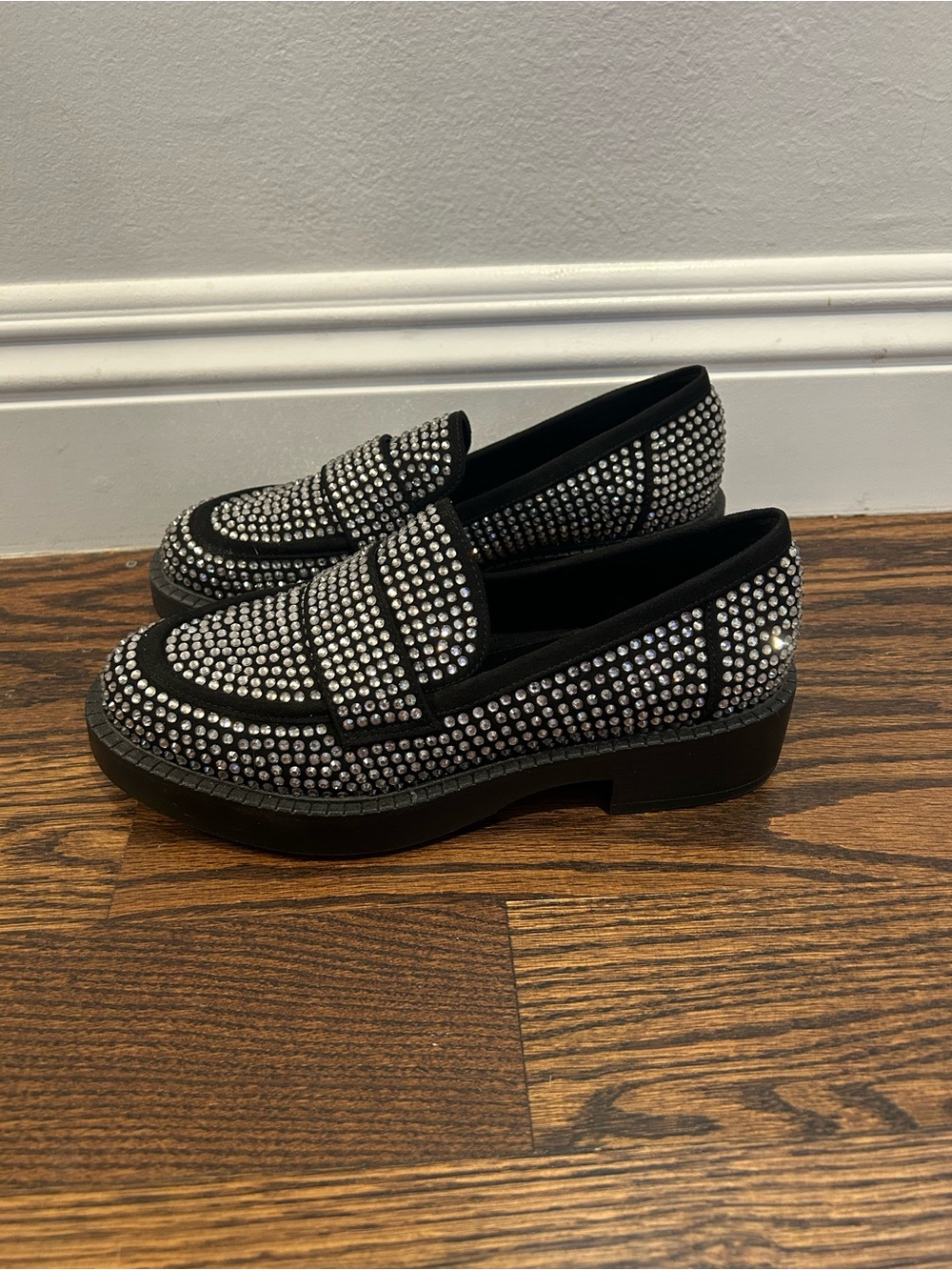 Aldo Black Loafers with Silver Crystal Studs